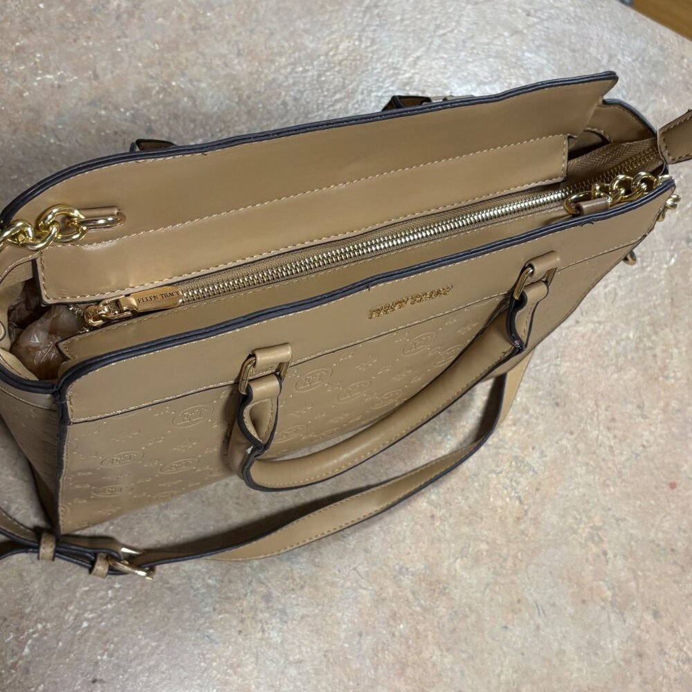 Ellen Tracy Monogram Signature Collection Double Handle Satchel Tan Faux Leather - Picture 5 of 16
